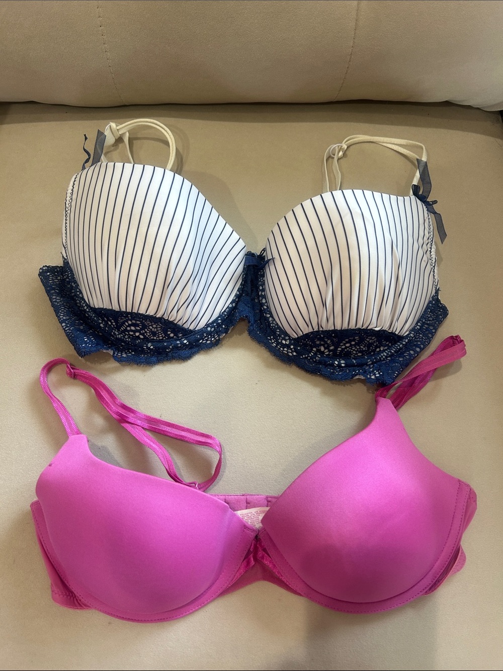 Lily of France Hot Pink Bra and no tag blue & white bra